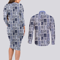 Vintage Aloha Block Quilt Couples Matching Long Sleeve Bodycon Dress and Long Sleeve Button Shirt Blue Inspired Lei Motifs - Polynesian Pride