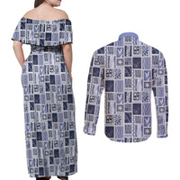 Vintage Aloha Block Quilt Couples Matching Off Shoulder Maxi Dress and Long Sleeve Button Shirt Blue Inspired Lei Motifs - Polynesian Pride
