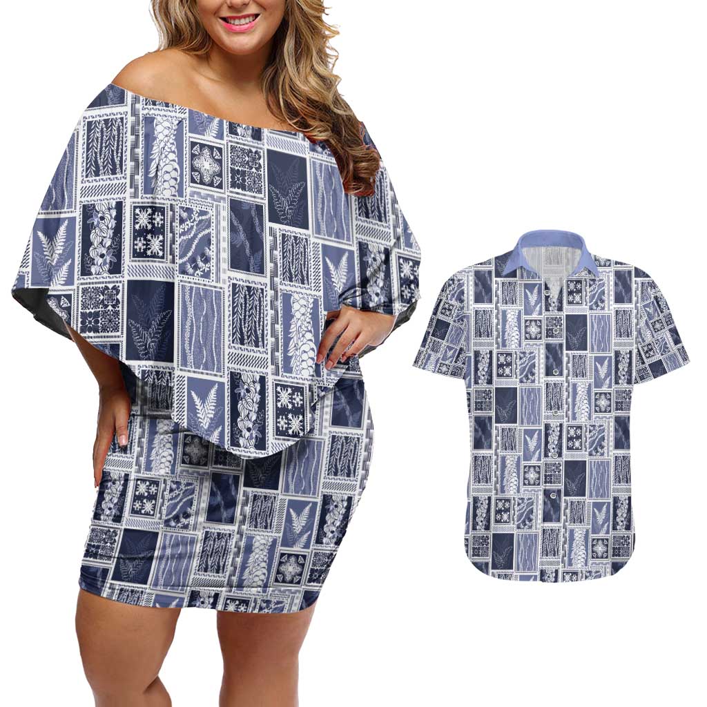 Vintage Aloha Block Quilt Couples Matching Off Shoulder Short Dress and Hawaiian Shirt Blue Inspired Lei Motifs - Polynesian Pride
