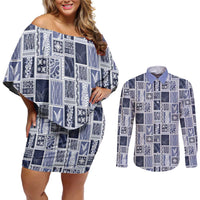 Vintage Aloha Block Quilt Couples Matching Off Shoulder Short Dress and Long Sleeve Button Shirt Blue Inspired Lei Motifs - Polynesian Pride