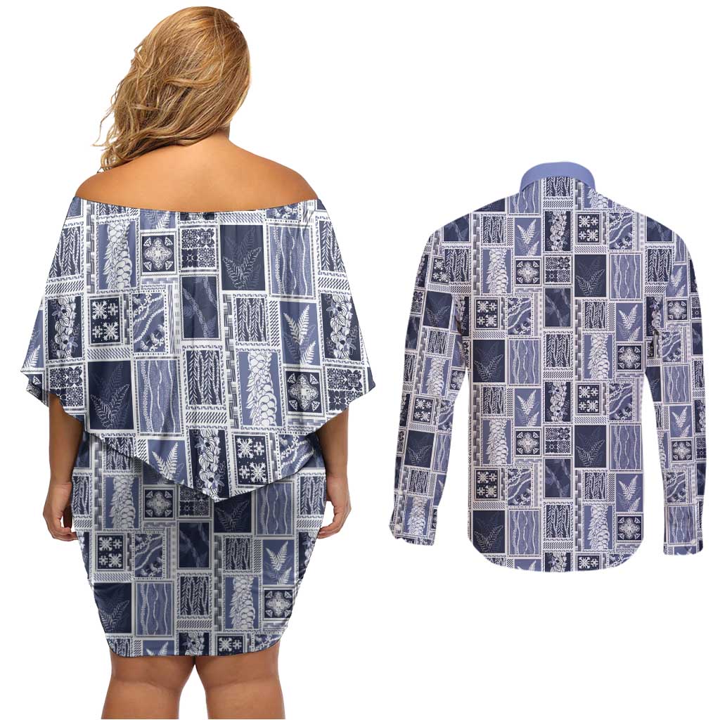 Vintage Aloha Block Quilt Couples Matching Off Shoulder Short Dress and Long Sleeve Button Shirt Blue Inspired Lei Motifs - Polynesian Pride