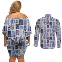Vintage Aloha Block Quilt Couples Matching Off Shoulder Short Dress and Long Sleeve Button Shirt Blue Inspired Lei Motifs - Polynesian Pride