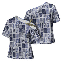 Vintage Aloha Block Quilt Cross Shoulder Shirt Blue Inspired Lei Motifs - Polynesian Pride