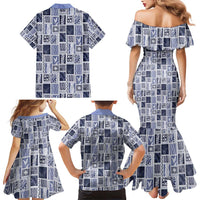Vintage Aloha Block Quilt Family Matching Mermaid Dress and Hawaiian Shirt Blue Inspired Lei Motifs - Polynesian Pride
