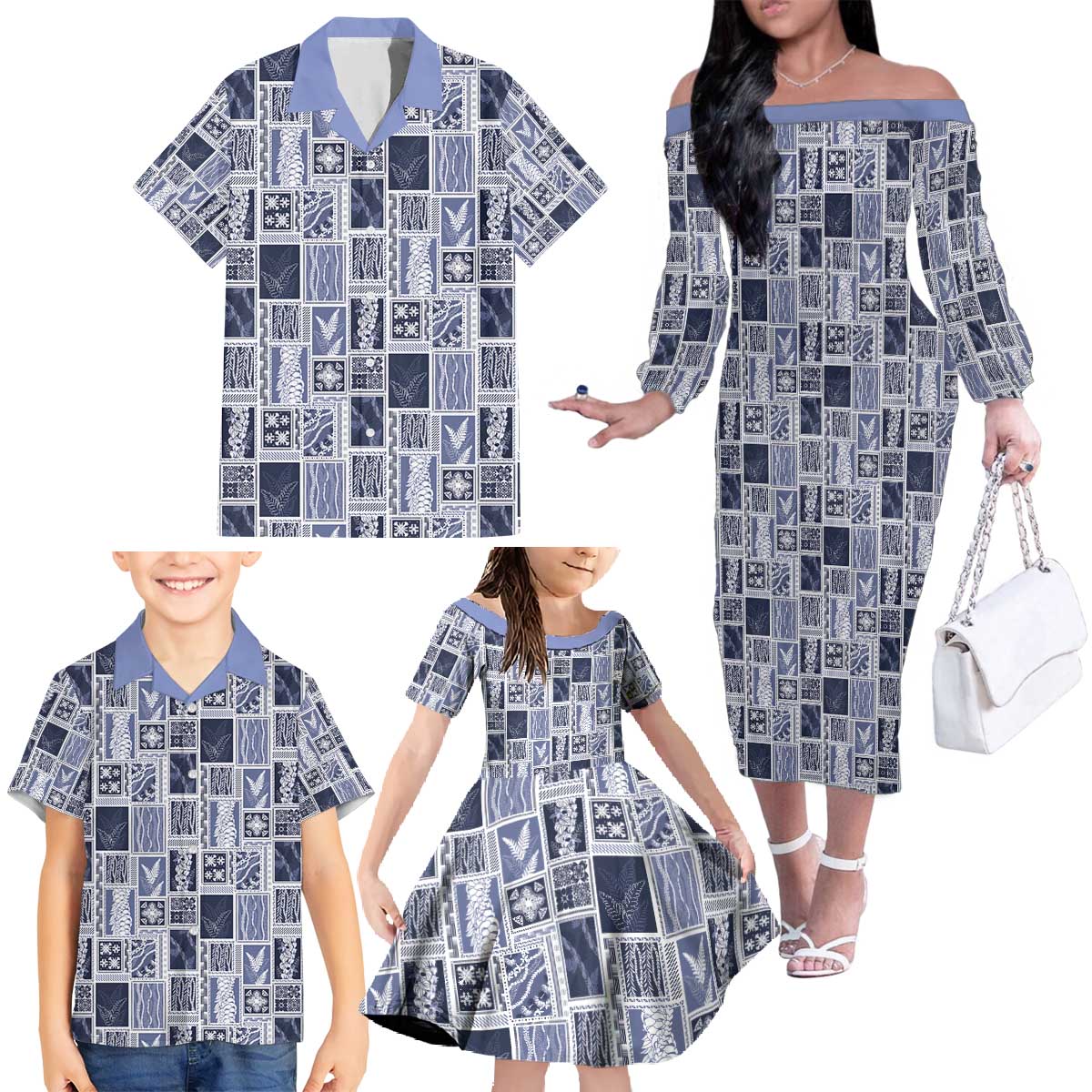 Vintage Aloha Block Quilt Family Matching Off The Shoulder Long Sleeve Dress and Hawaiian Shirt Blue Inspired Lei Motifs - Polynesian Pride
