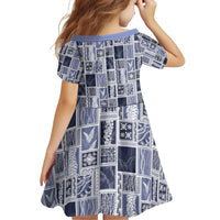 Vintage Aloha Block Quilt Family Matching Off Shoulder Short Dress and Hawaiian Shirt Blue Inspired Lei Motifs - Polynesian Pride