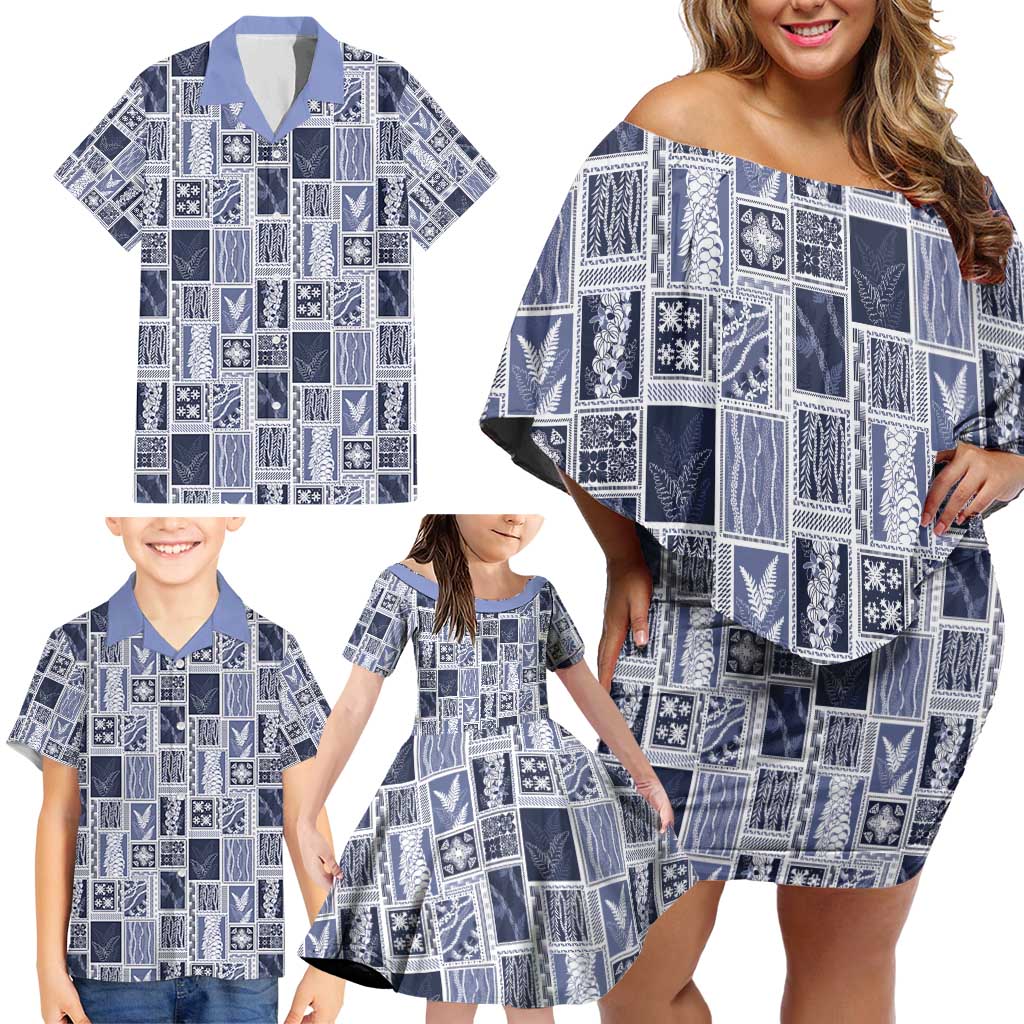 Vintage Aloha Block Quilt Family Matching Off Shoulder Short Dress and Hawaiian Shirt Blue Inspired Lei Motifs - Polynesian Pride
