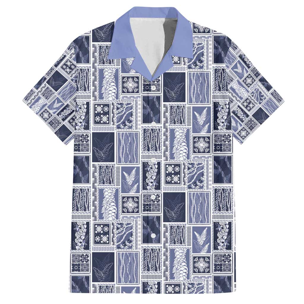 Vintage Aloha Block Quilt Family Matching Off Shoulder Short Dress and Hawaiian Shirt Blue Inspired Lei Motifs - Polynesian Pride