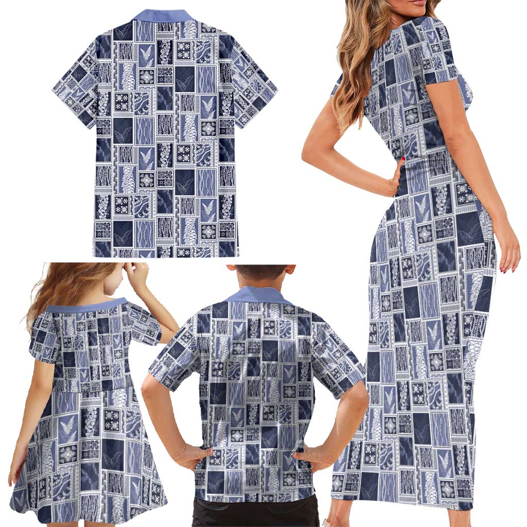 Vintage Aloha Block Quilt Family Matching Short Sleeve Bodycon Dress and Hawaiian Shirt Blue Inspired Lei Motifs - Polynesian Pride