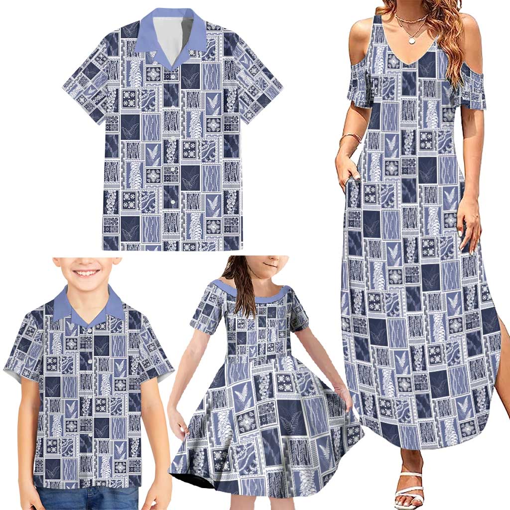Vintage Aloha Block Quilt Family Matching Summer Maxi Dress and Hawaiian Shirt Blue Inspired Lei Motifs - Polynesian Pride