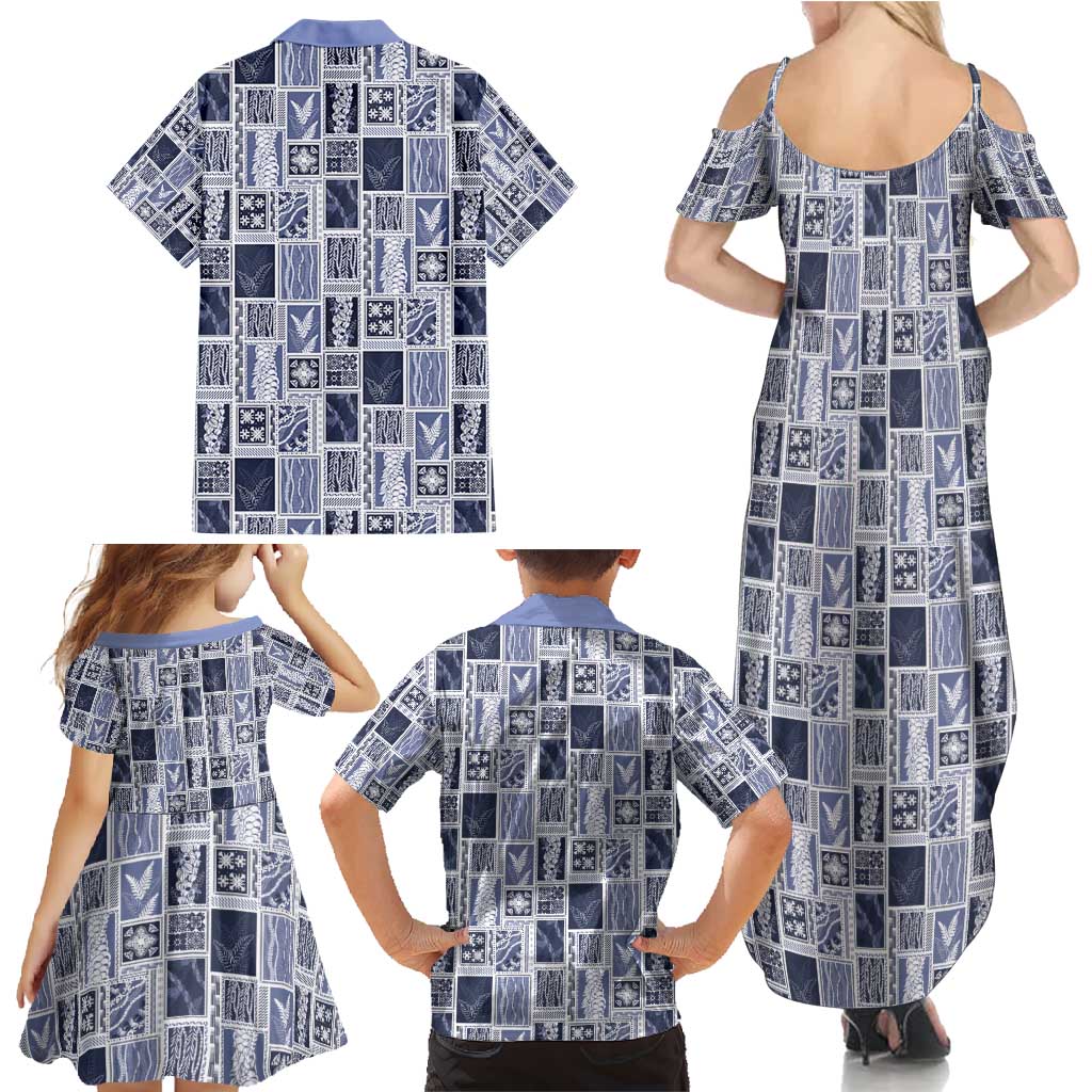 Vintage Aloha Block Quilt Family Matching Summer Maxi Dress and Hawaiian Shirt Blue Inspired Lei Motifs - Polynesian Pride
