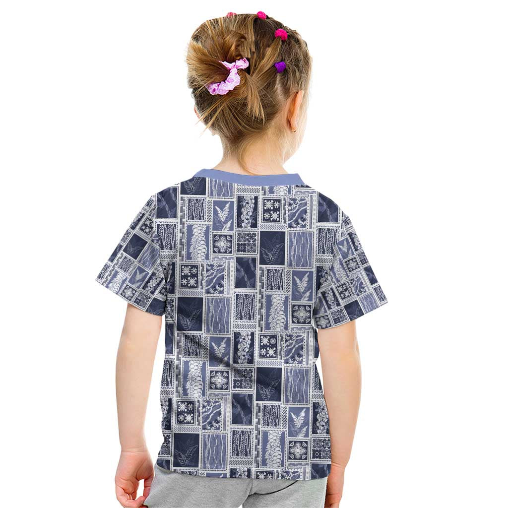 Vintage Aloha Block Quilt Kid T Shirt Blue Inspired Lei Motifs - Polynesian Pride