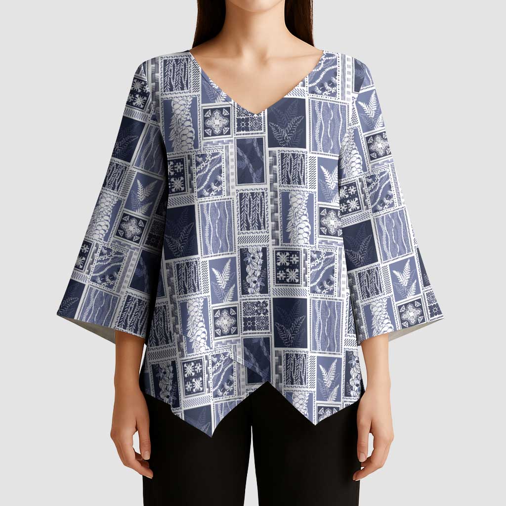 Vintage Aloha Block Quilt Kimono Sleeve Blouse Blue Inspired Lei Motifs - Polynesian Pride