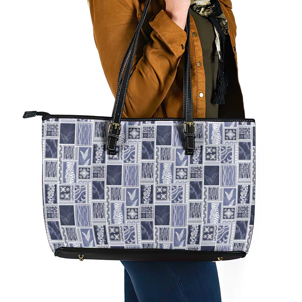 Vintage Aloha Block Quilt Leather Tote Bag Blue Inspired Lei Motifs - Polynesian Pride