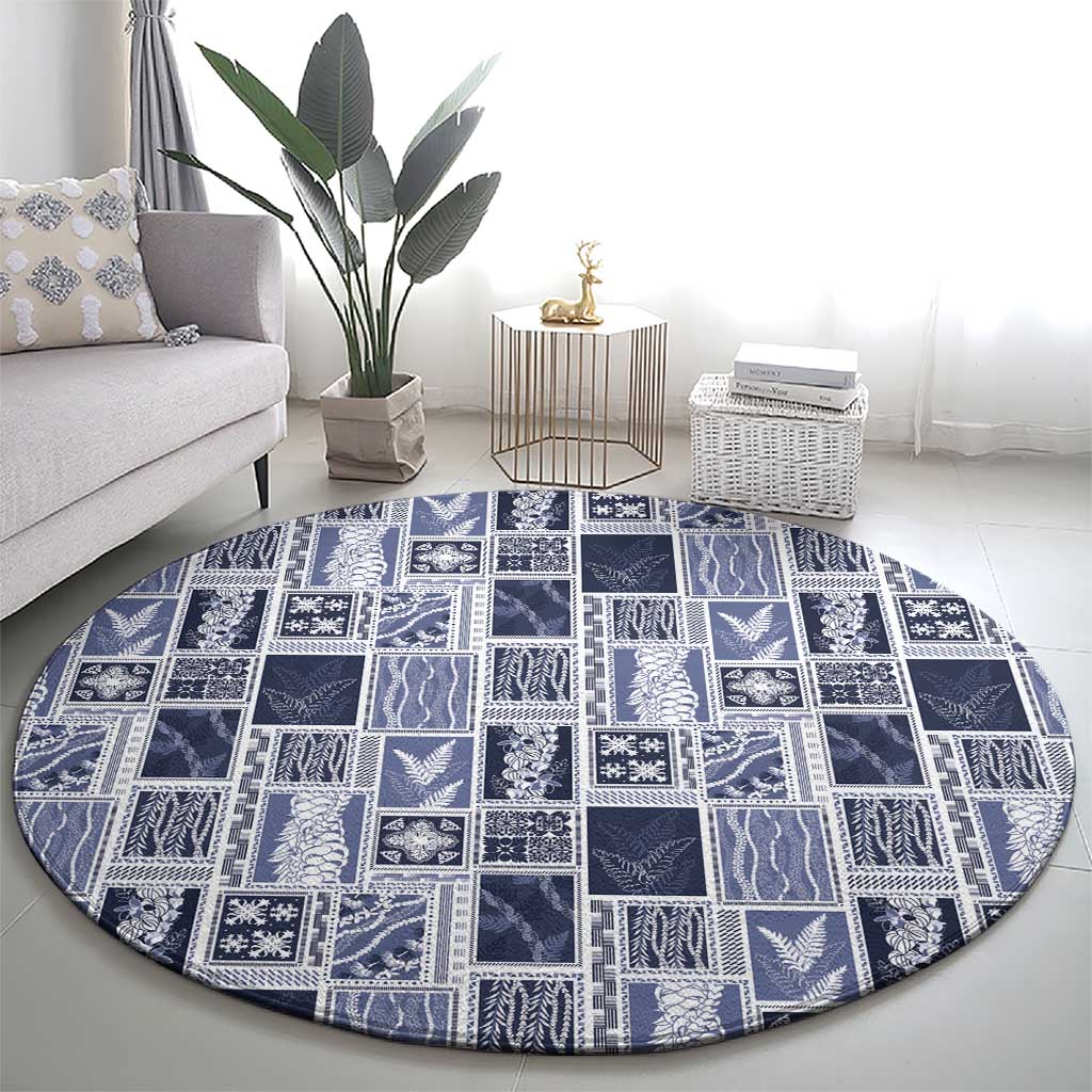 Vintage Aloha Block Quilt Round Carpet Blue Inspired Lei Motifs - Polynesian Pride