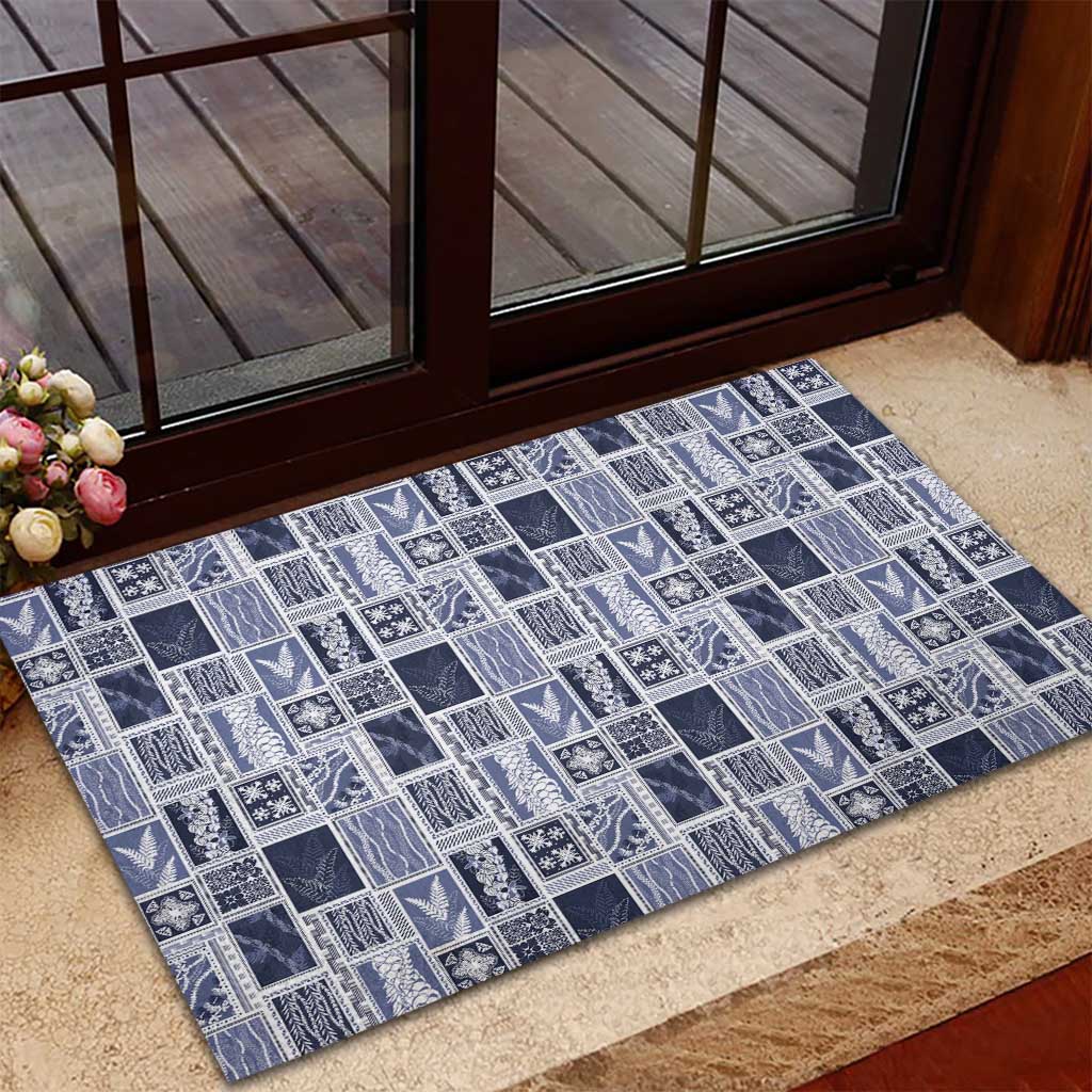 Vintage Aloha Block Quilt Rubber Doormat Blue Inspired Lei Motifs - Polynesian Pride