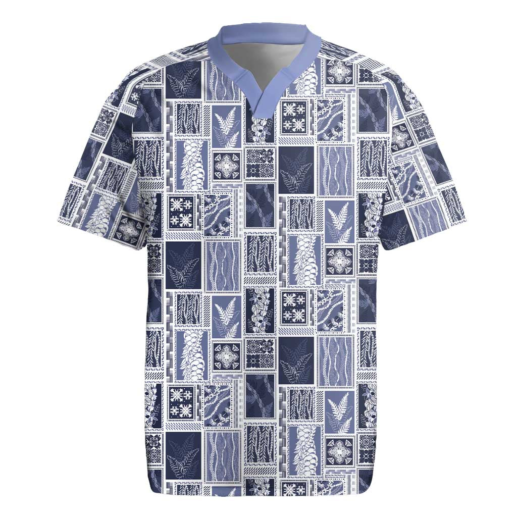 Vintage Aloha Block Quilt Rugby Jersey Blue Inspired Lei Motifs - Polynesian Pride
