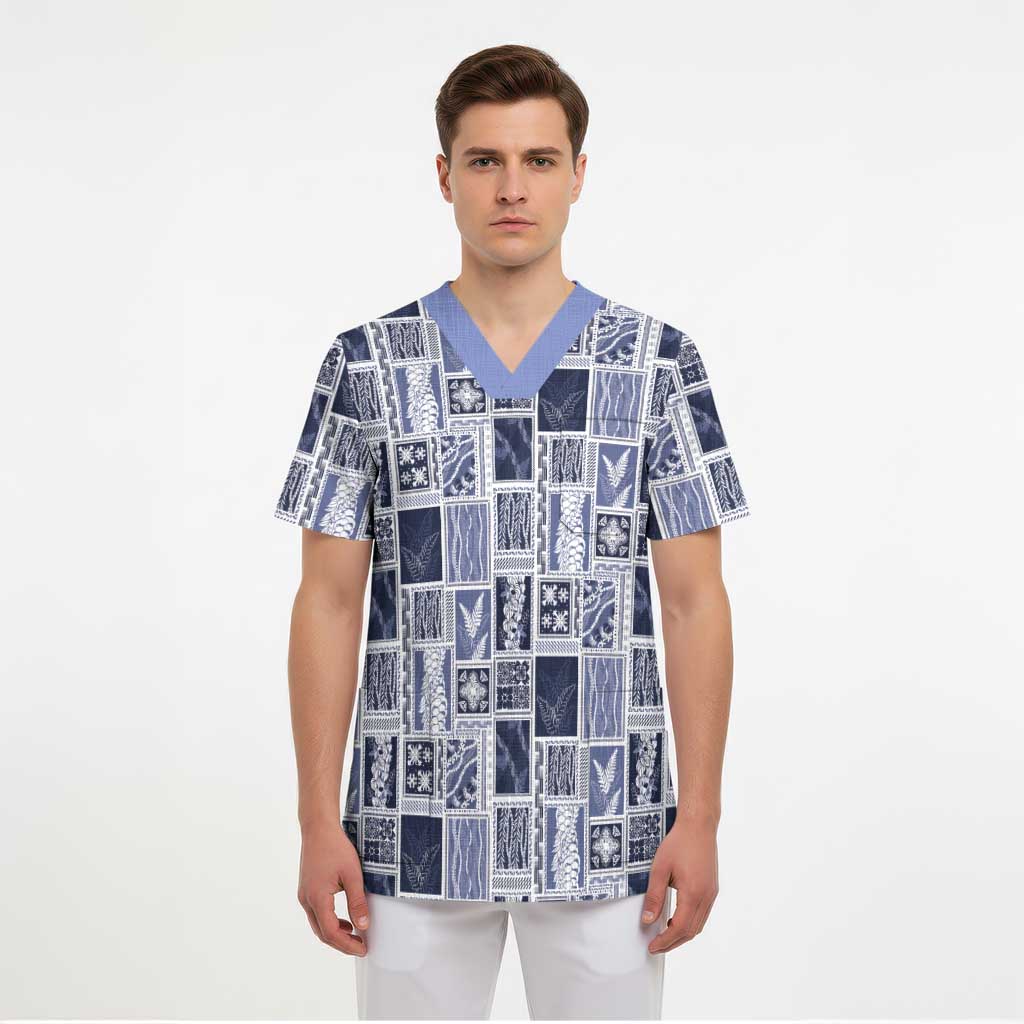 Vintage Aloha Block Quilt Scrub Top Blue Inspired Lei Motifs - Polynesian Pride