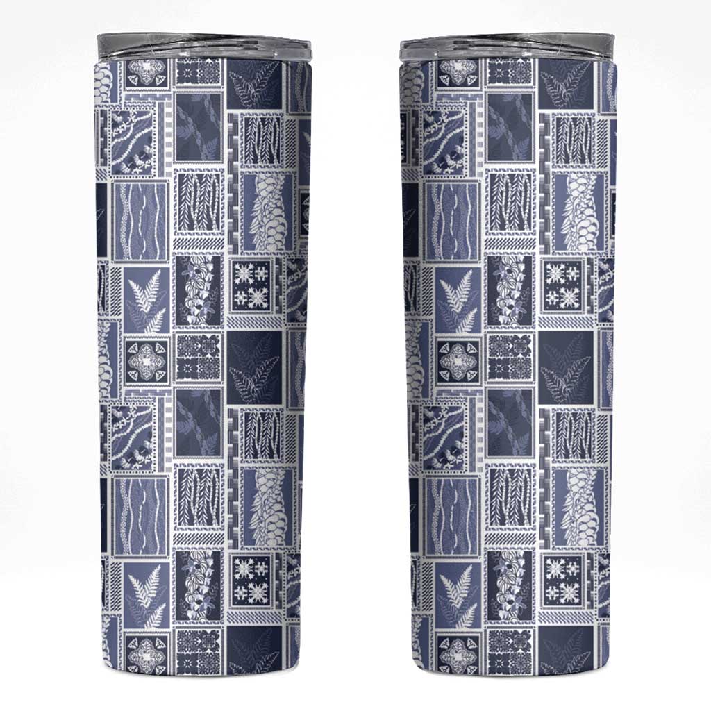 Vintage Aloha Block Quilt Skinny Tumbler Blue Inspired Lei Motifs - Polynesian Pride