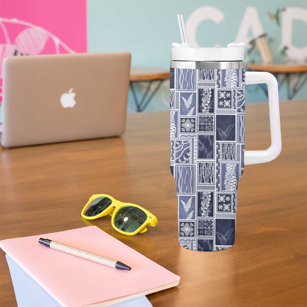 Vintage Aloha Block Quilt Tumbler With Handle Blue Inspired Lei Motifs - Polynesian Pride