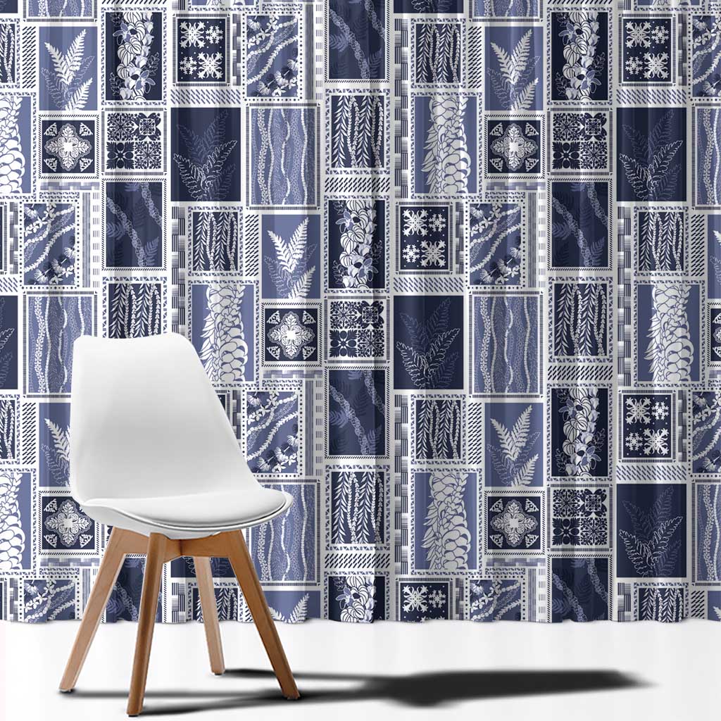 Vintage Aloha Block Quilt Window Curtain Blue Inspired Lei Motifs - Polynesian Pride