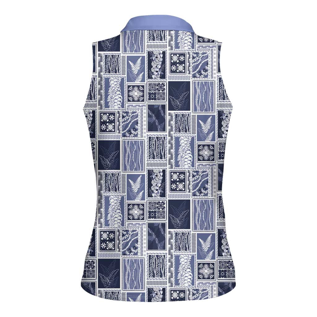 Vintage Aloha Block Quilt Women Sleeveless Polo Shirt Blue Inspired Lei Motifs - Polynesian Pride