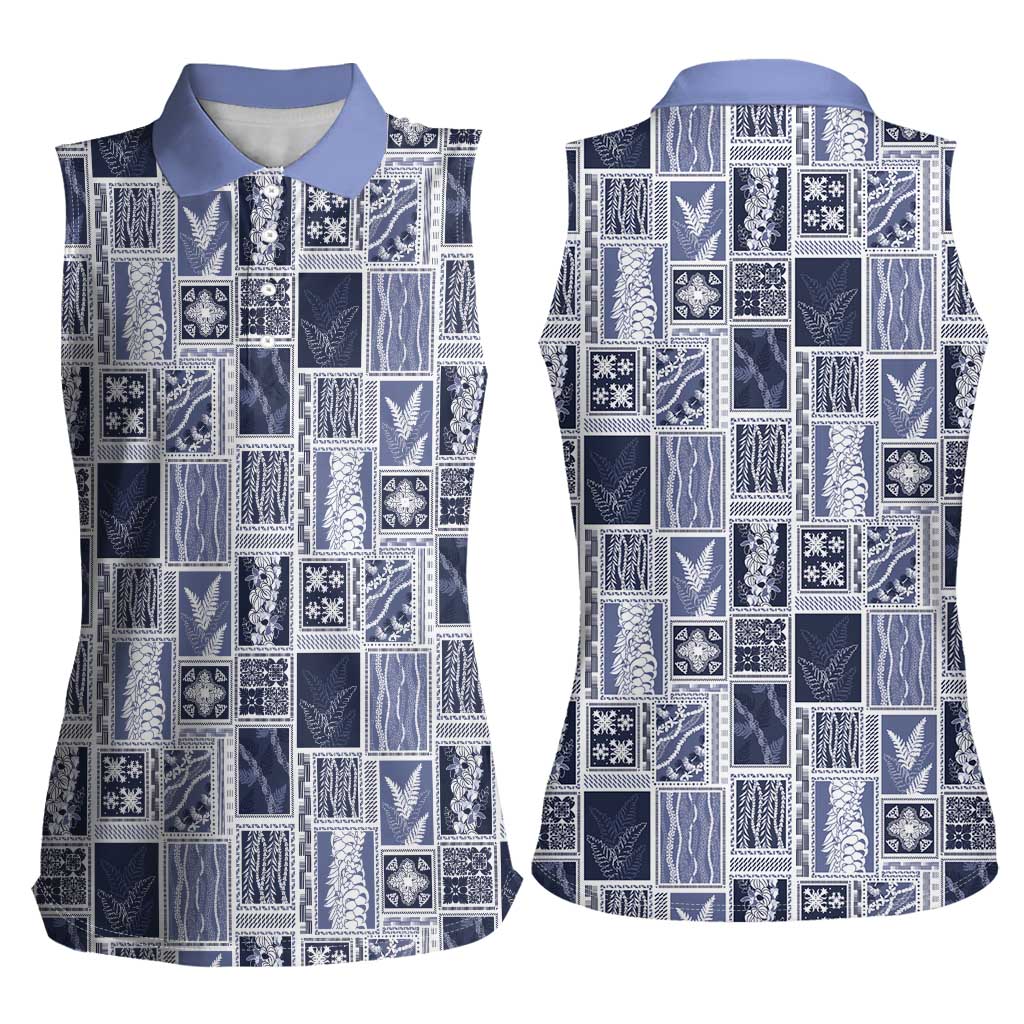 Vintage Aloha Block Quilt Women Sleeveless Polo Shirt Blue Inspired Lei Motifs - Polynesian Pride