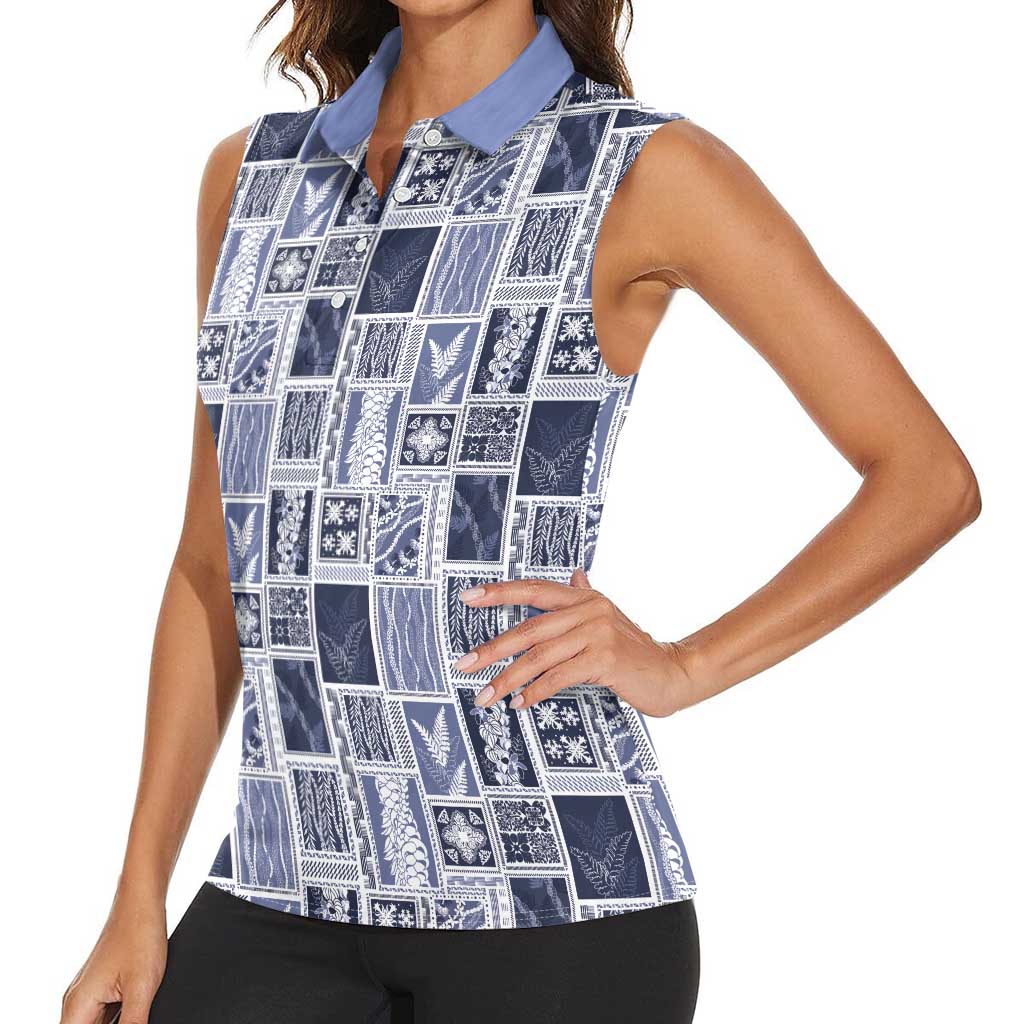 Vintage Aloha Block Quilt Women Sleeveless Polo Shirt Blue Inspired Lei Motifs - Polynesian Pride