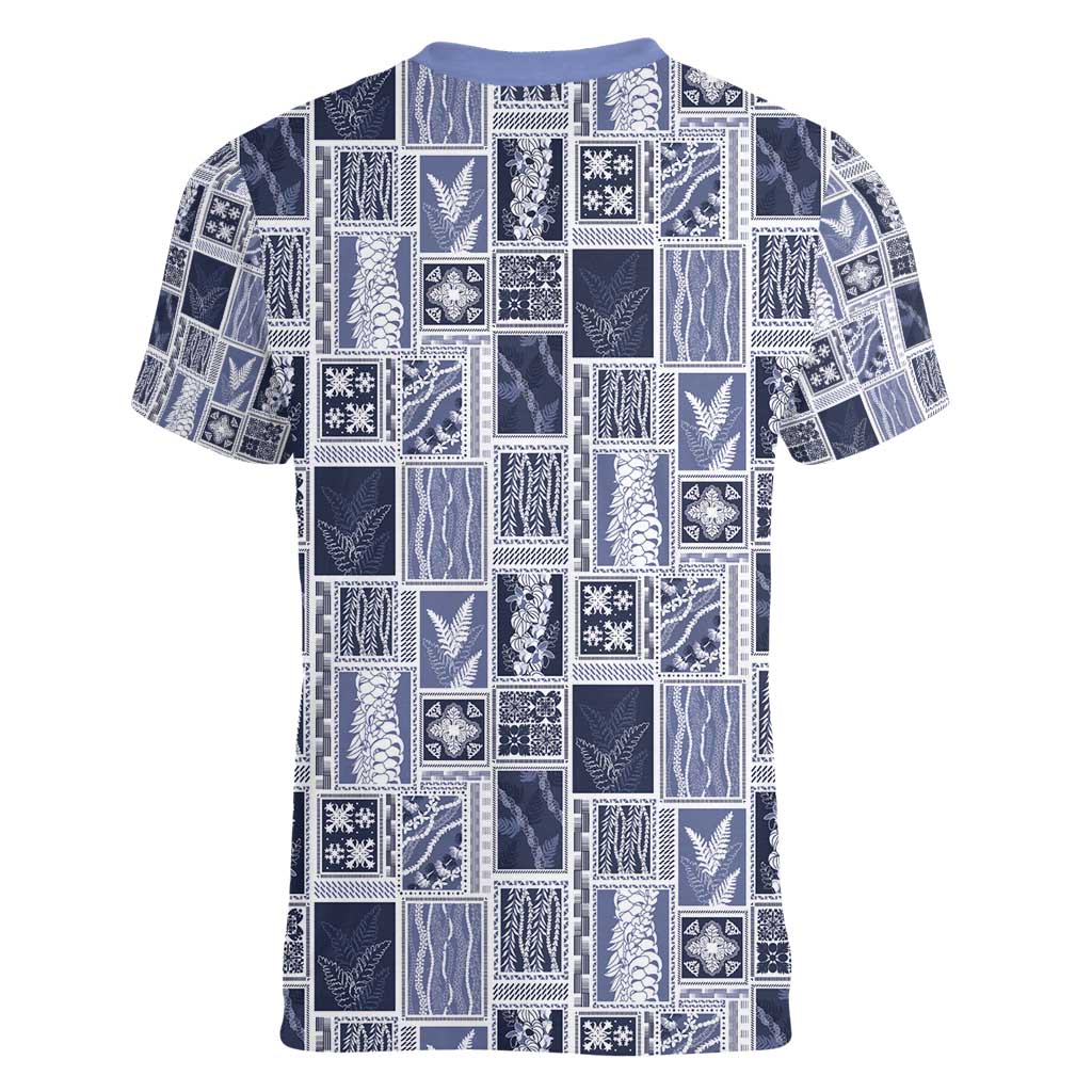 Vintage Aloha Block Quilt Women V-Neck T-Shirt Blue Inspired Lei Motifs - Polynesian Pride