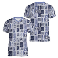 Vintage Aloha Block Quilt Women V-Neck T-Shirt Blue Inspired Lei Motifs - Polynesian Pride