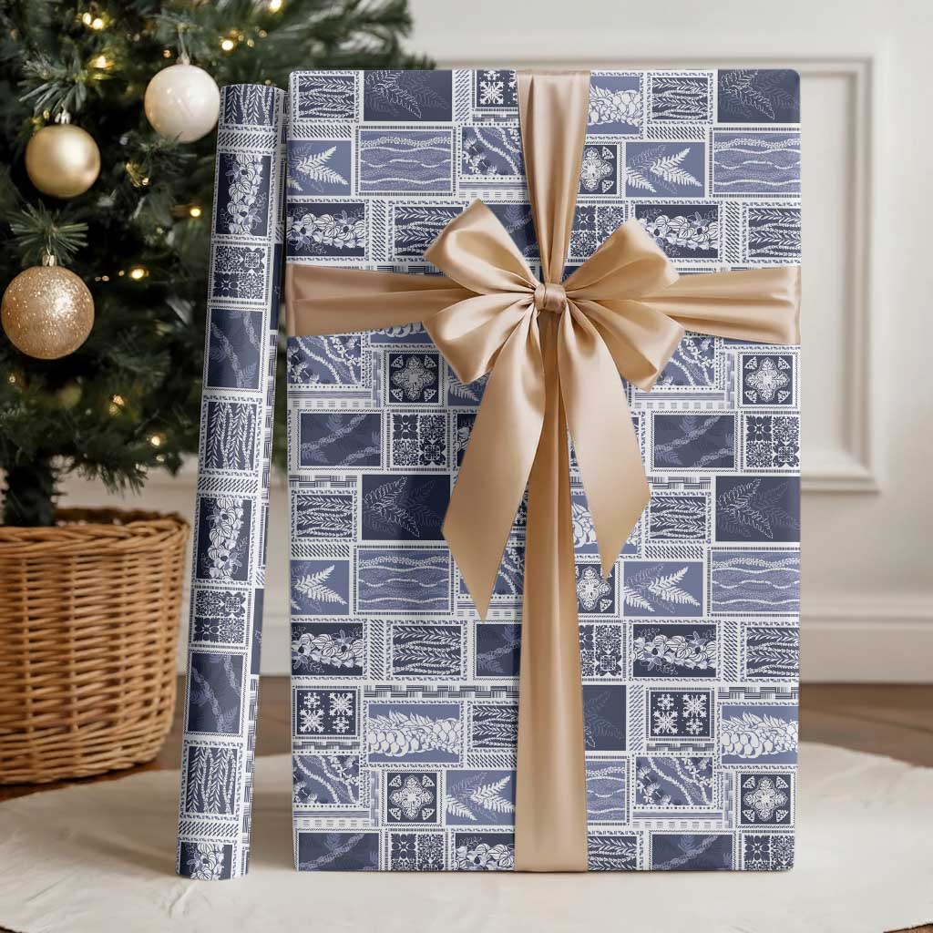 Vintage Aloha Block Quilt Wrapping Paper Blue Inspired Lei Motifs - Polynesian Pride