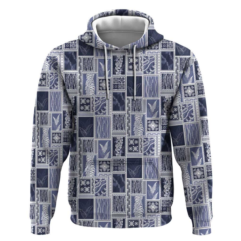 Vintage Aloha Block Quilt Zip Hoodie Blue Inspired Lei Motifs - Polynesian Pride