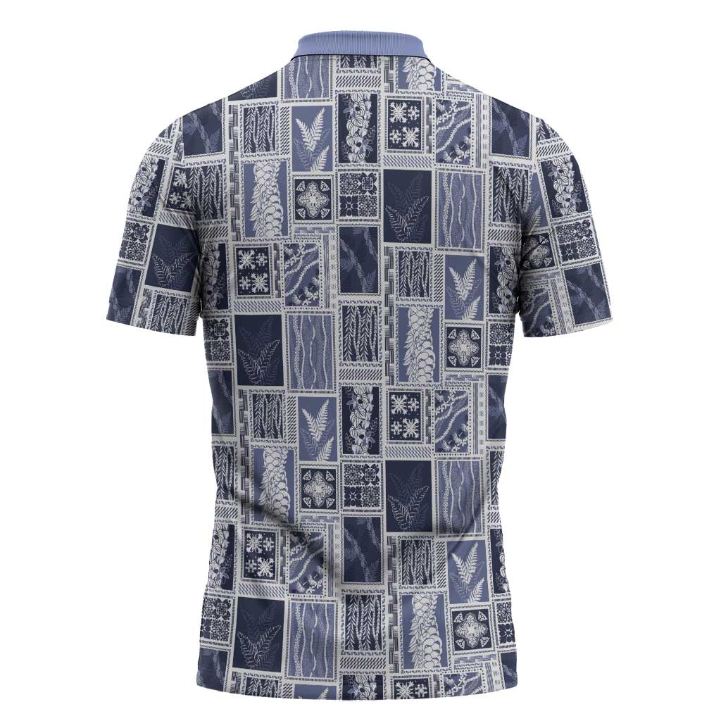 Vintage Aloha Block Quilt Zipper Polo Shirt Blue Inspired Lei Motifs - Polynesian Pride