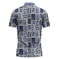 Vintage Aloha Block Quilt Zipper Polo Shirt Blue Inspired Lei Motifs - Polynesian Pride