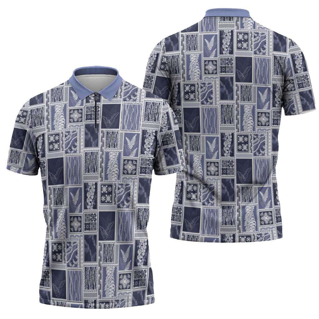 Vintage Aloha Block Quilt Zipper Polo Shirt Blue Inspired Lei Motifs - Polynesian Pride