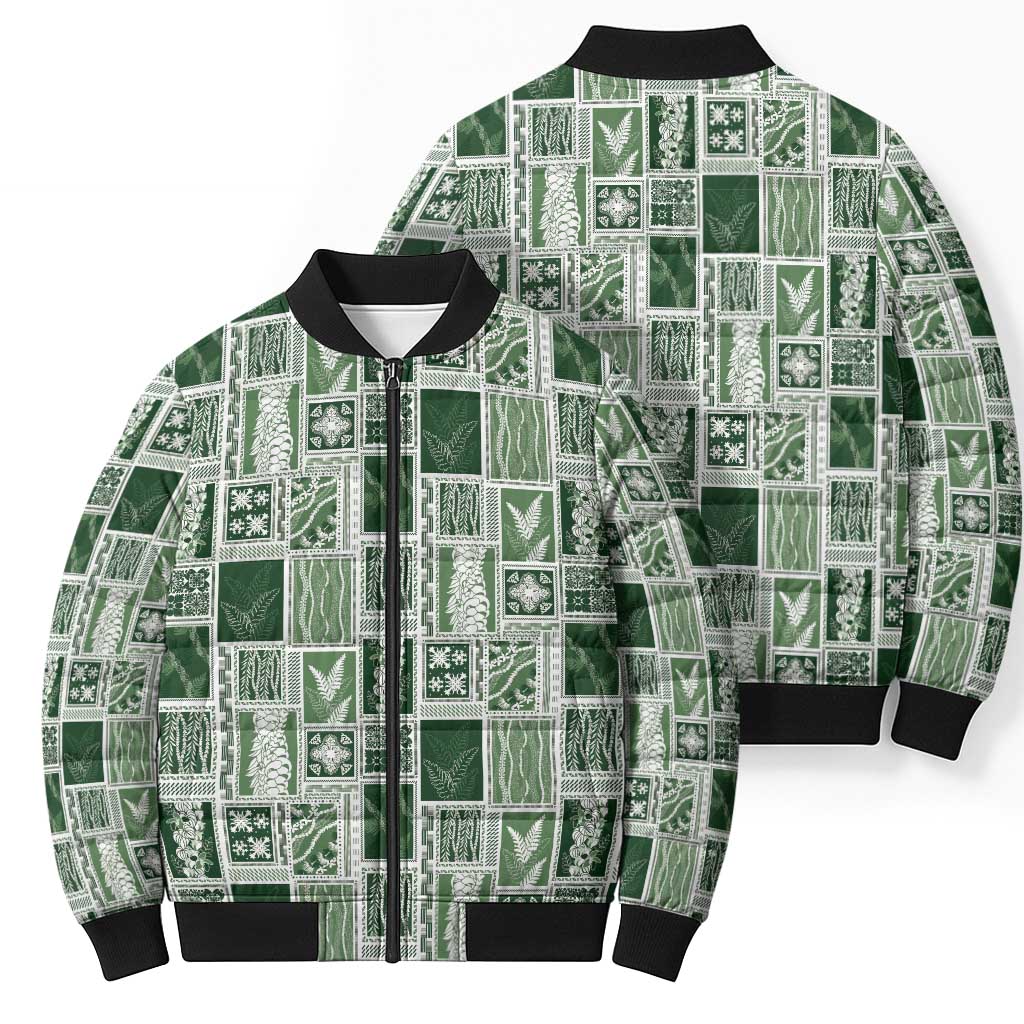 Vintage Aloha Block Quilt Bomber Puffer Jacket Green Inspired Lei Motifs - Polynesian Pride