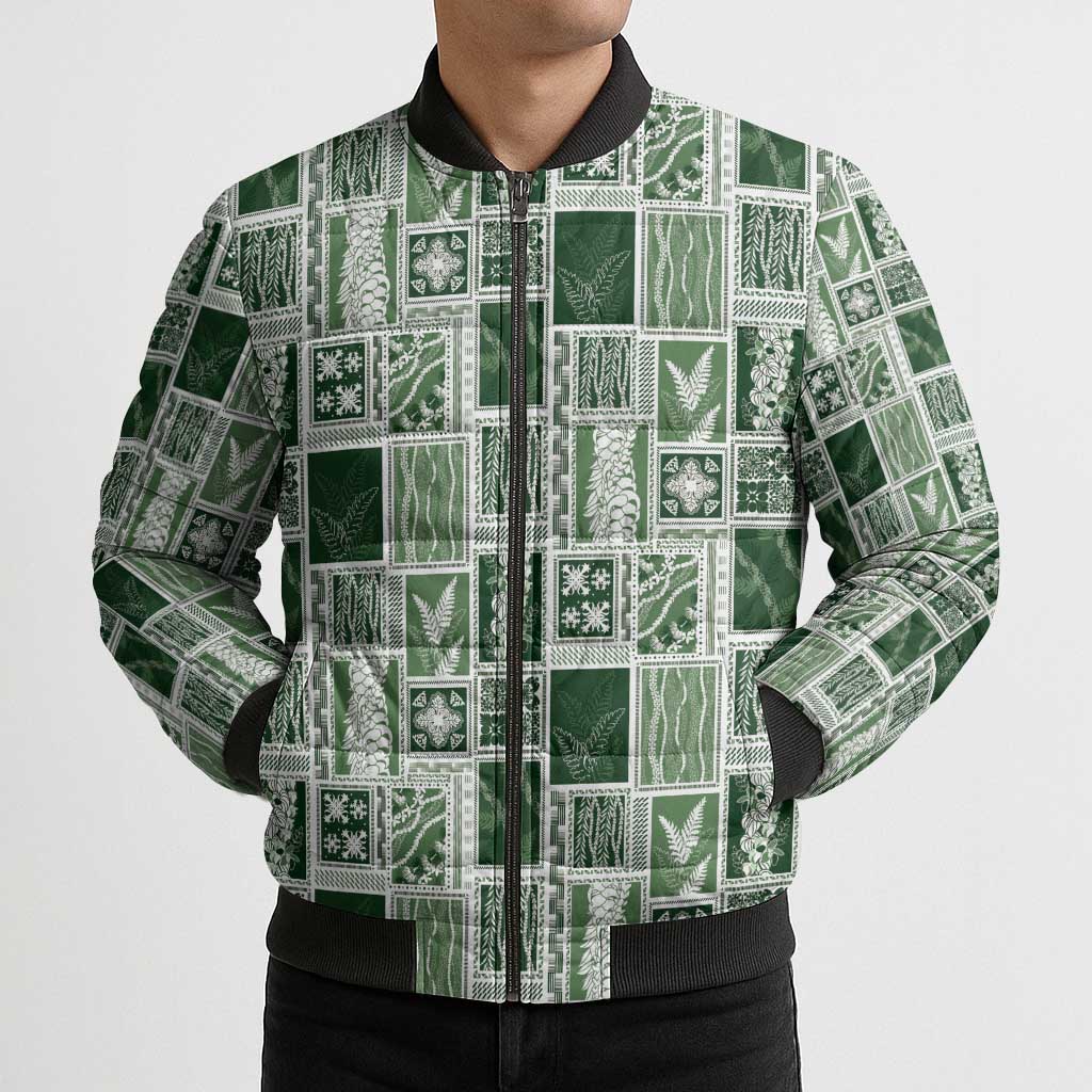 Vintage Aloha Block Quilt Bomber Puffer Jacket Green Inspired Lei Motifs - Polynesian Pride