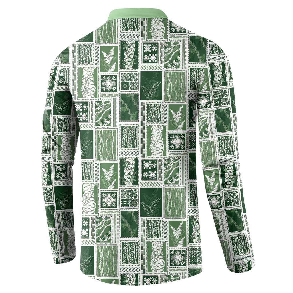 Vintage Aloha Block Quilt Button Sweatshirt Green Inspired Lei Motifs - Polynesian Pride