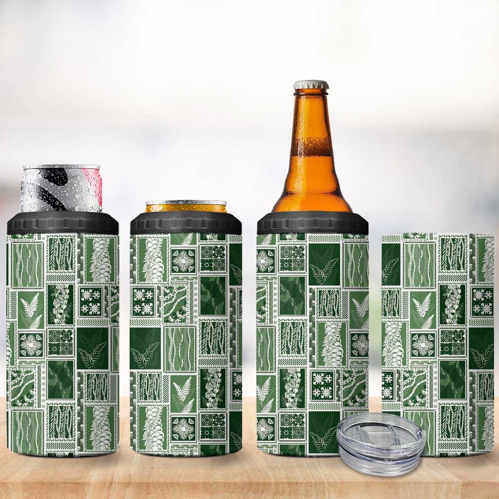 Vintage Aloha Block Quilt 4 in 1 Can Cooler Tumbler Green Inspired Lei Motifs - Polynesian Pride