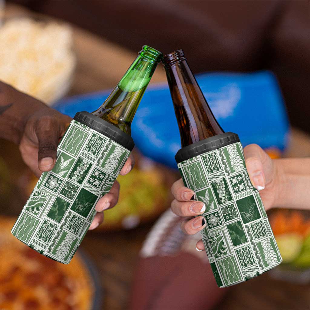 Vintage Aloha Block Quilt 4 in 1 Can Cooler Tumbler Green Inspired Lei Motifs - Polynesian Pride