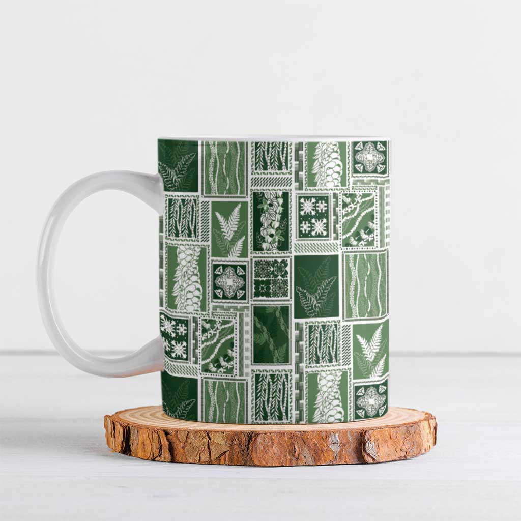 Vintage Aloha Block Quilt Ceramic Mug Green Inspired Lei Motifs - Polynesian Pride