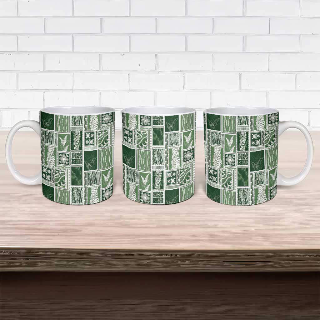 Vintage Aloha Block Quilt Ceramic Mug Green Inspired Lei Motifs - Polynesian Pride