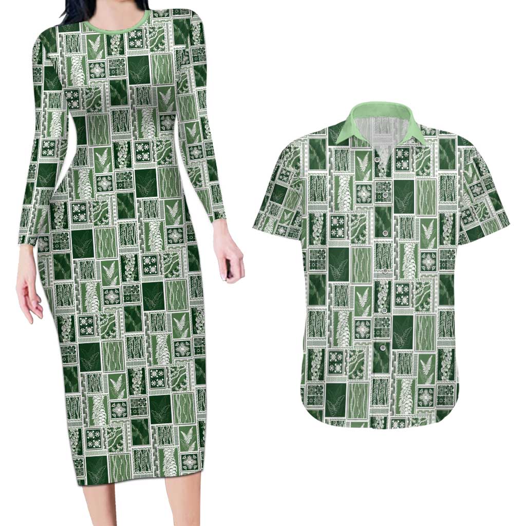 Vintage Aloha Block Quilt Couples Matching Long Sleeve Bodycon Dress and Hawaiian Shirt Green Inspired Lei Motifs - Polynesian Pride