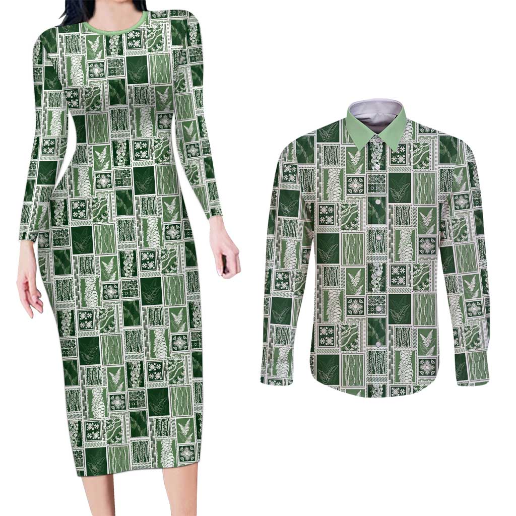 Vintage Aloha Block Quilt Couples Matching Long Sleeve Bodycon Dress and Long Sleeve Button Shirt Green Inspired Lei Motifs - Polynesian Pride