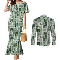 Vintage Aloha Block Quilt Couples Matching Mermaid Dress and Long Sleeve Button Shirt Green Inspired Lei Motifs - Polynesian Pride