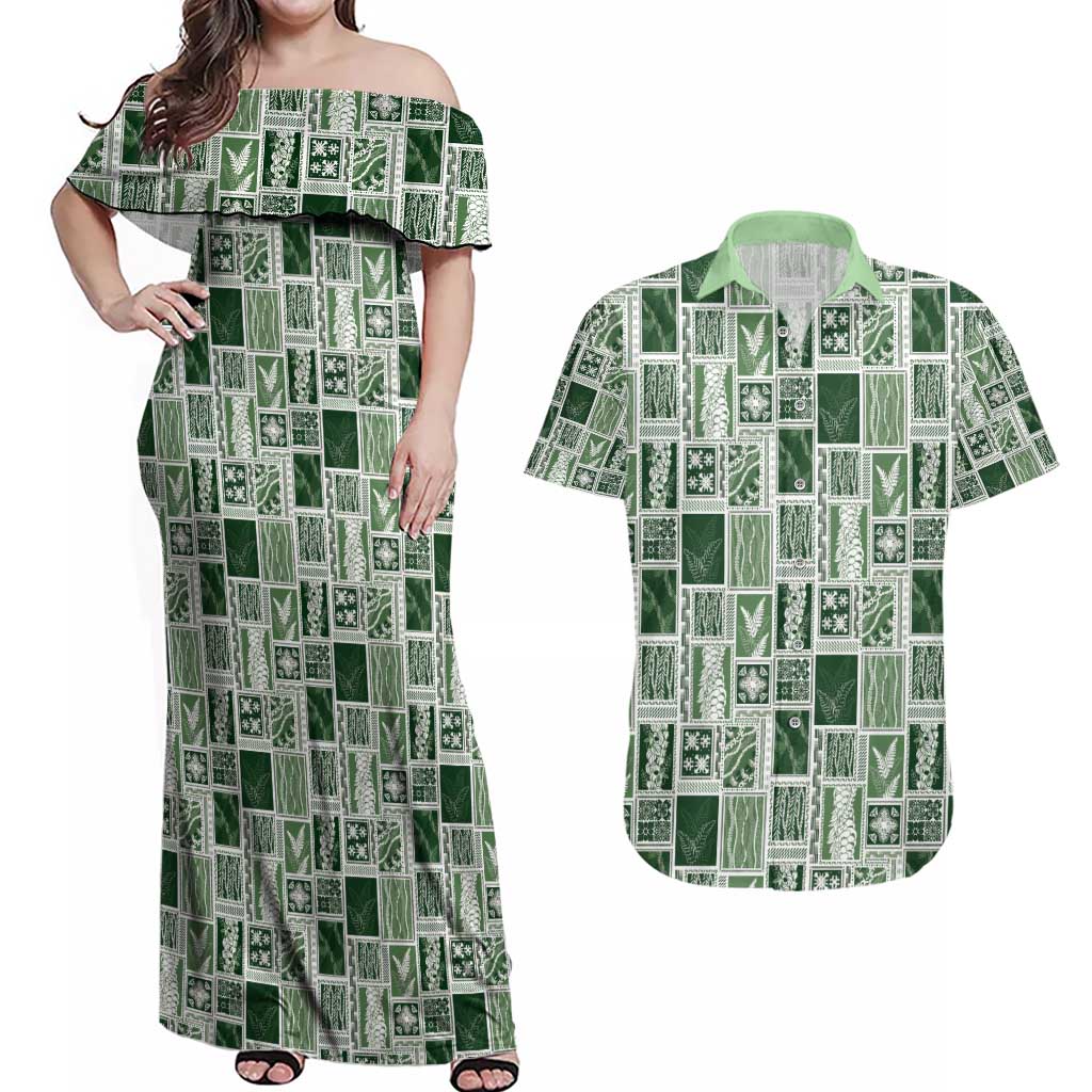 Vintage Aloha Block Quilt Couples Matching Off Shoulder Maxi Dress and Hawaiian Shirt Green Inspired Lei Motifs - Polynesian Pride