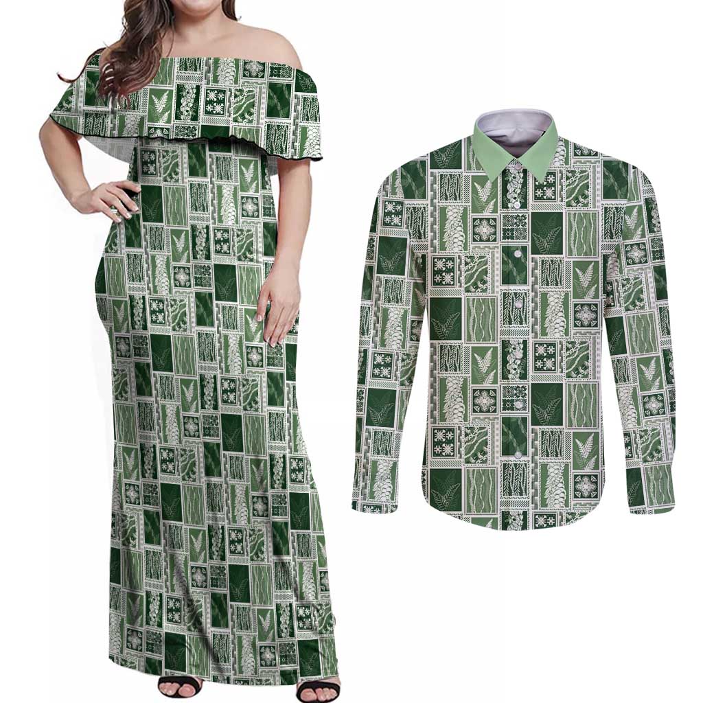 Vintage Aloha Block Quilt Couples Matching Off Shoulder Maxi Dress and Long Sleeve Button Shirt Green Inspired Lei Motifs - Polynesian Pride
