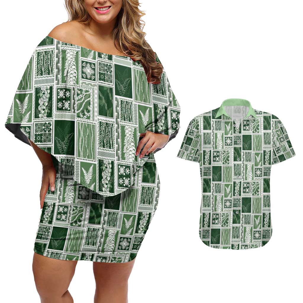 Vintage Aloha Block Quilt Couples Matching Off Shoulder Short Dress and Hawaiian Shirt Green Inspired Lei Motifs - Polynesian Pride