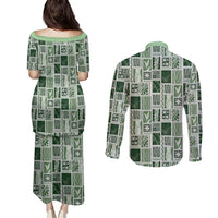 Vintage Aloha Block Quilt Couples Matching Puletasi and Long Sleeve Button Shirt Green Inspired Lei Motifs - Polynesian Pride