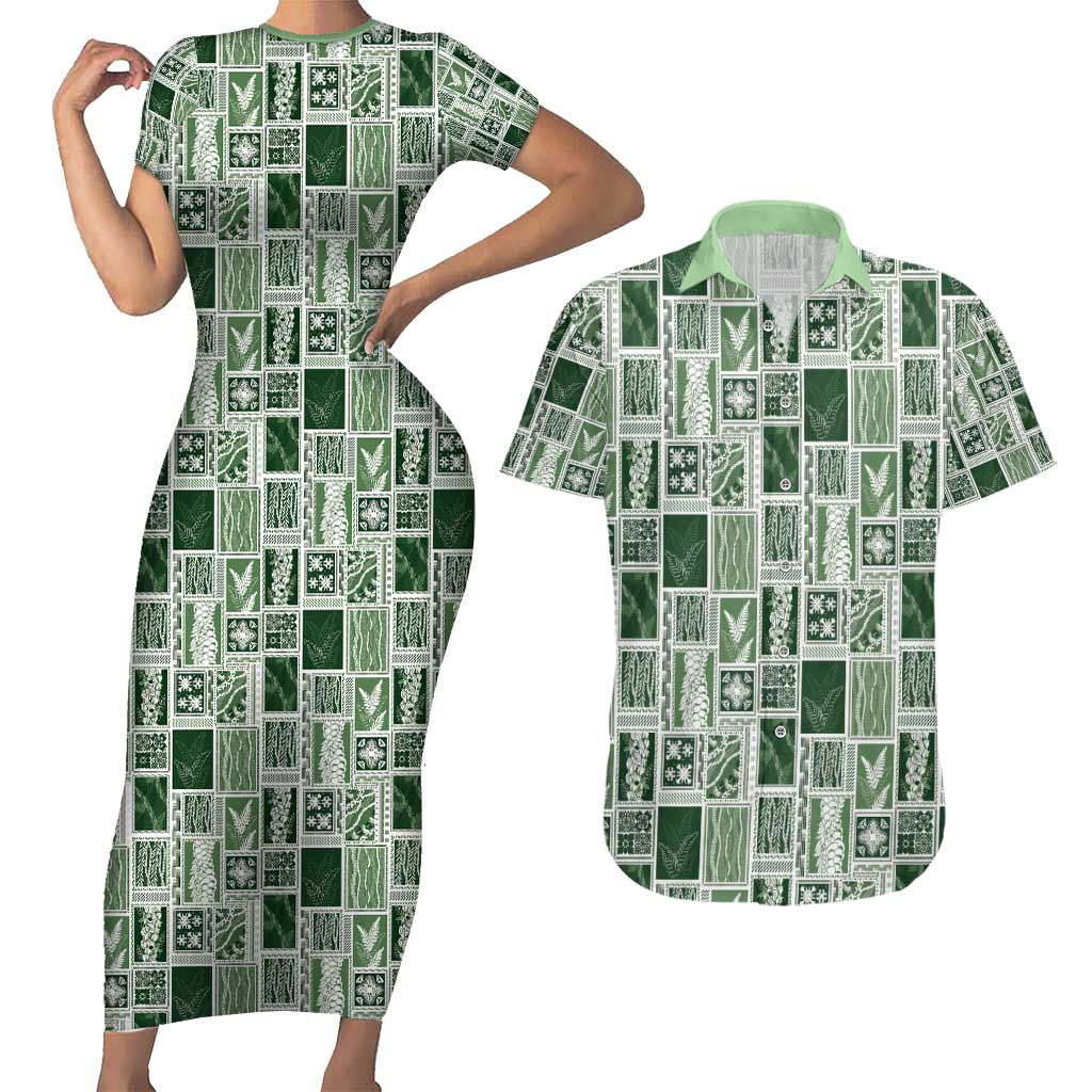 Vintage Aloha Block Quilt Couples Matching Short Sleeve Bodycon Dress and Hawaiian Shirt Green Inspired Lei Motifs - Polynesian Pride
